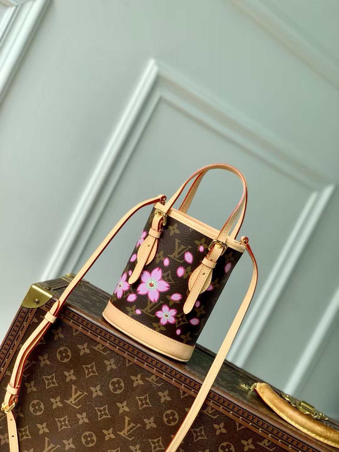 LOUIS VUITTON NANO BUCKET CHERRY BLOSSOM IN SAKURA BROWN MONOGRAM COATED CANVAS
