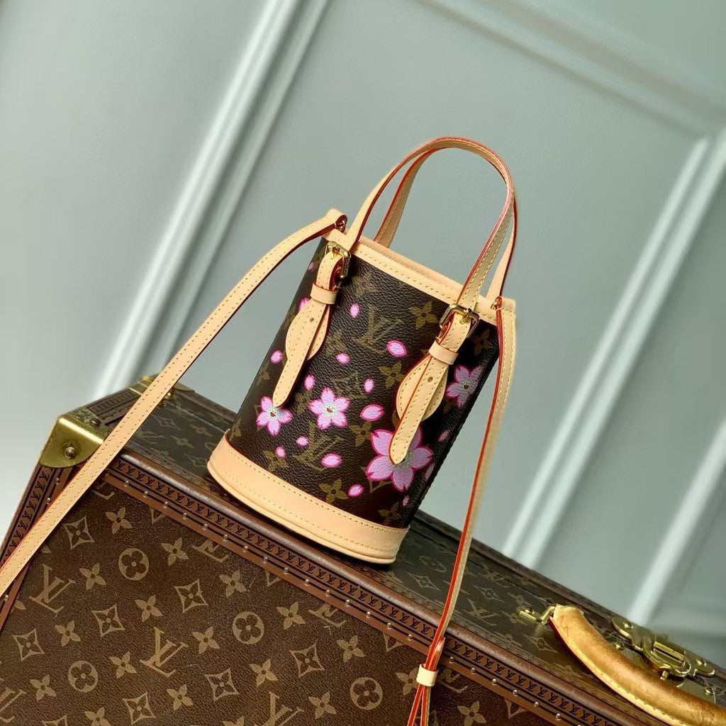 LOUIS VUITTON NANO BUCKET CHERRY BLOSSOM IN SAKURA BROWN MONOGRAM COATED CANVAS