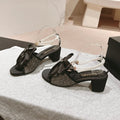 CHANEL HIGH SANDAL WITH PEARL CHAIN BLACK LAMBSKIN WITH RHINESTONES