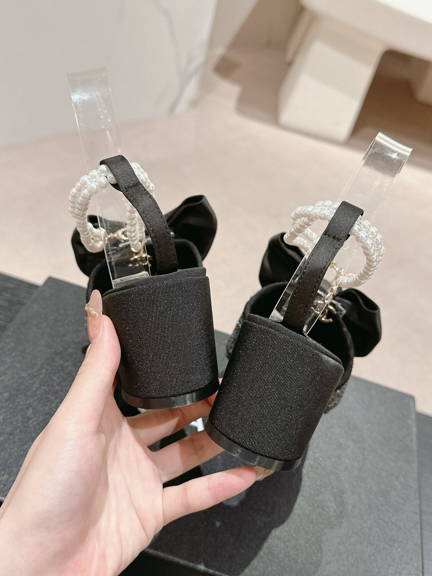 CHANEL HIGH SANDAL WITH PEARL CHAIN BLACK LAMBSKIN WITH RHINESTONES