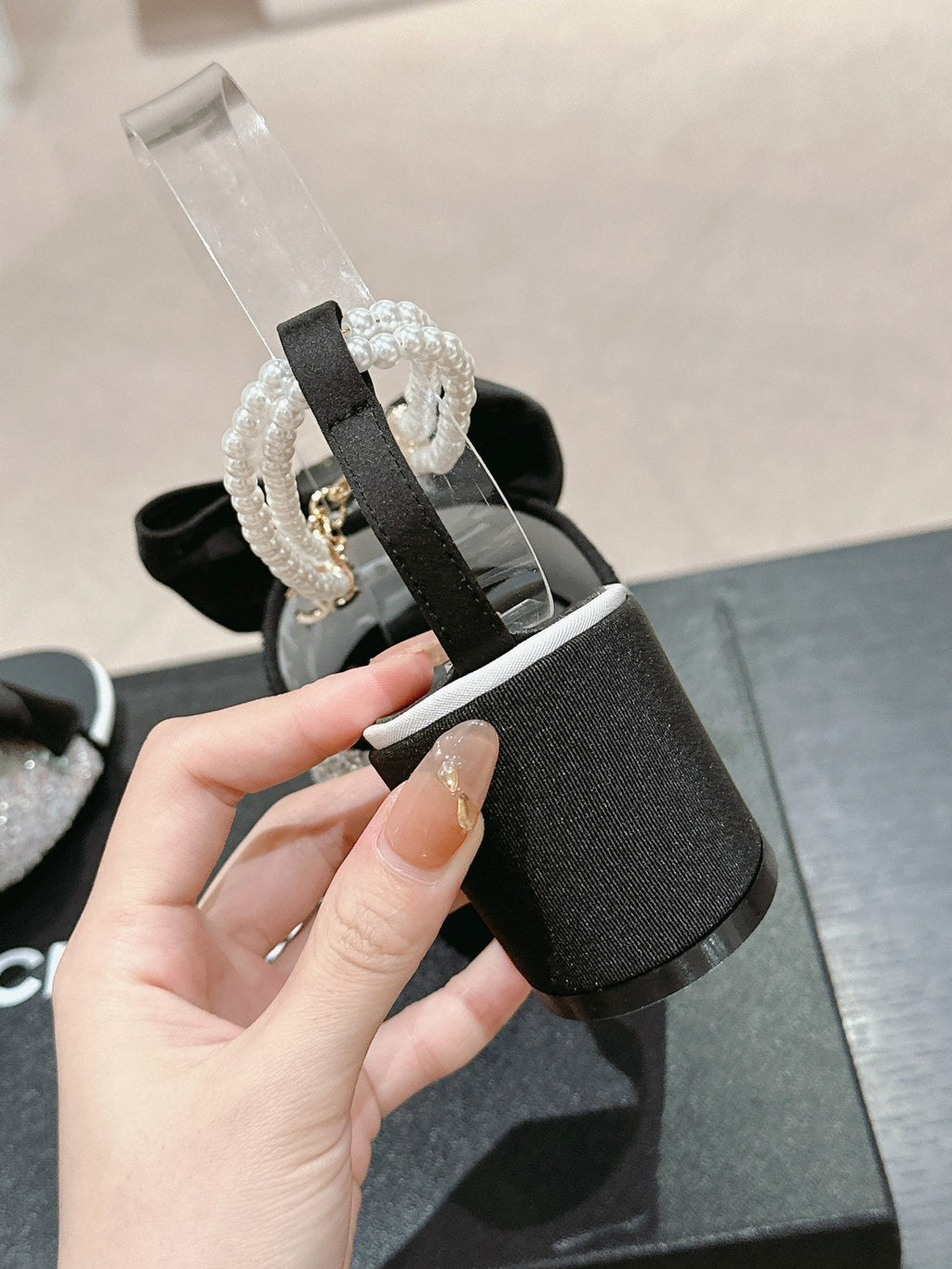 CHANEL HIGH SANDAL WITH PEARL CHAIN BLACK LAMBSKIN WITH WHITE RHINESTONES