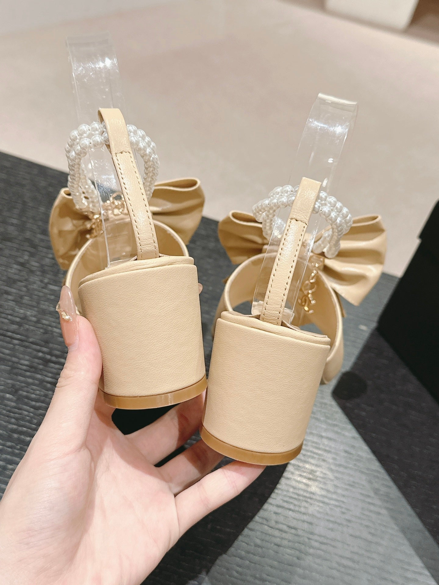 CHANEL HIGH SANDAL WITH PEARL CHAIN IN BEIGE CREAM LAMBSKIN
