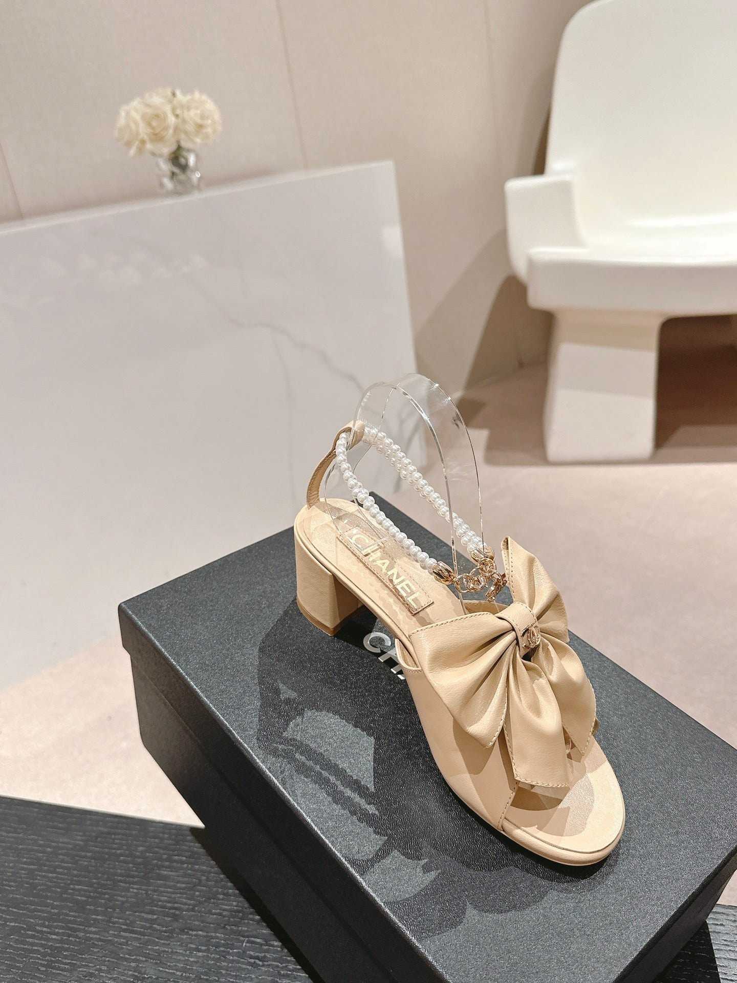 CHANEL HIGH SANDAL WITH PEARL CHAIN IN BEIGE CREAM LAMBSKIN