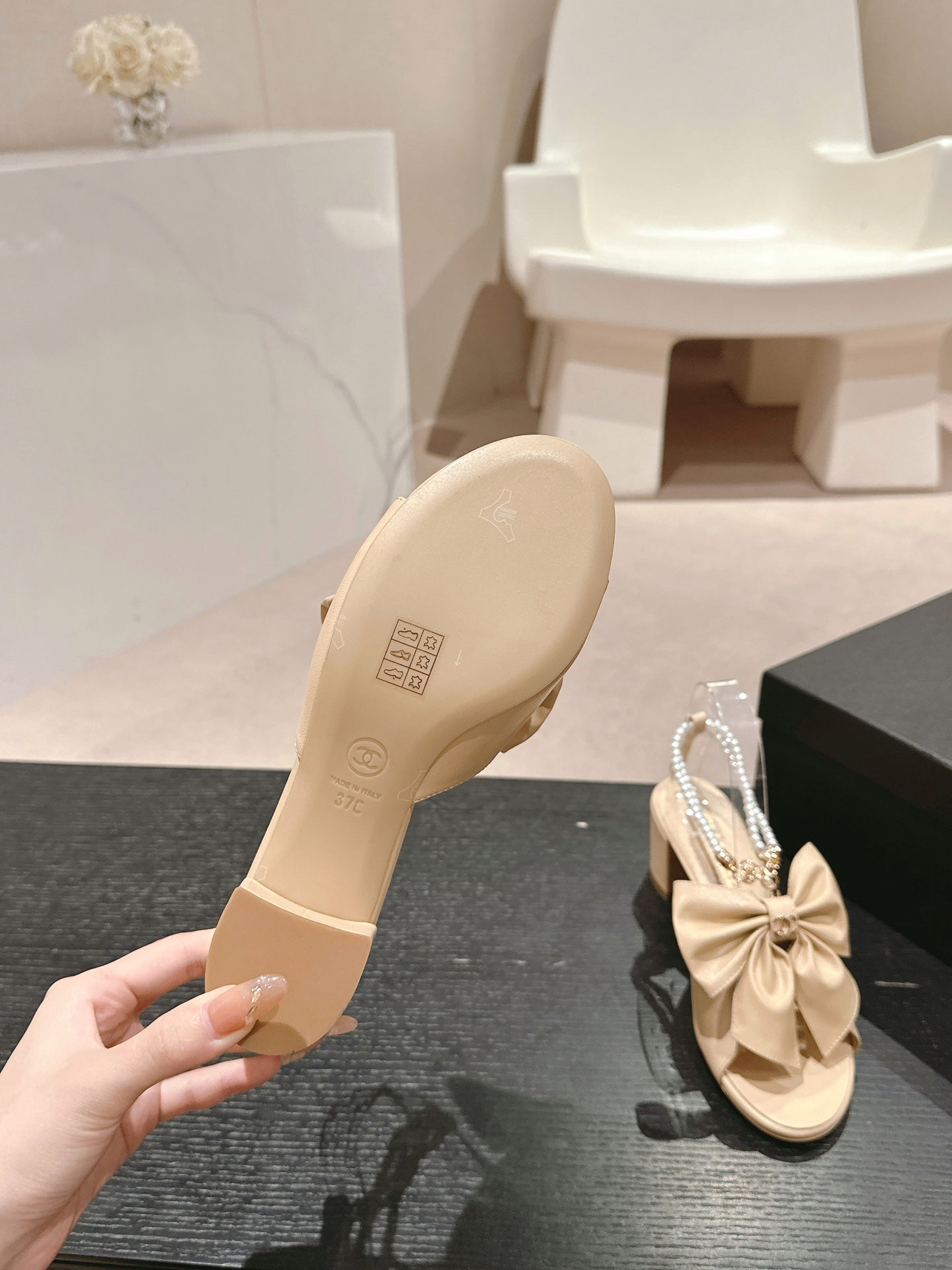 CHANEL HIGH SANDAL WITH PEARL CHAIN IN BEIGE CREAM LAMBSKIN