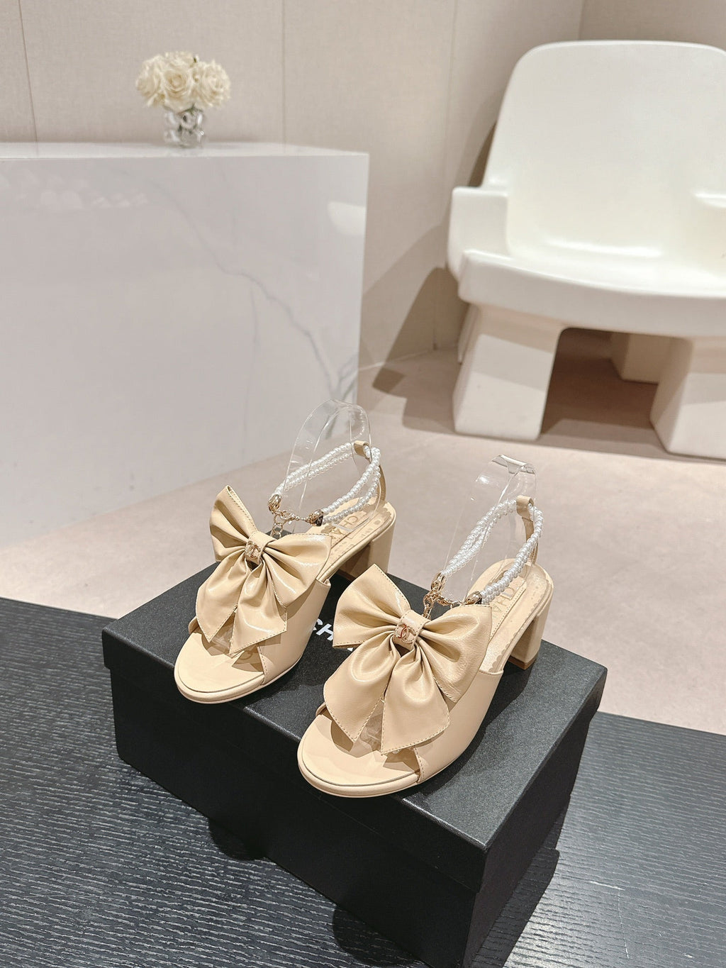 CHANEL HIGH SANDAL WITH PEARL CHAIN IN BEIGE CREAM LAMBSKIN