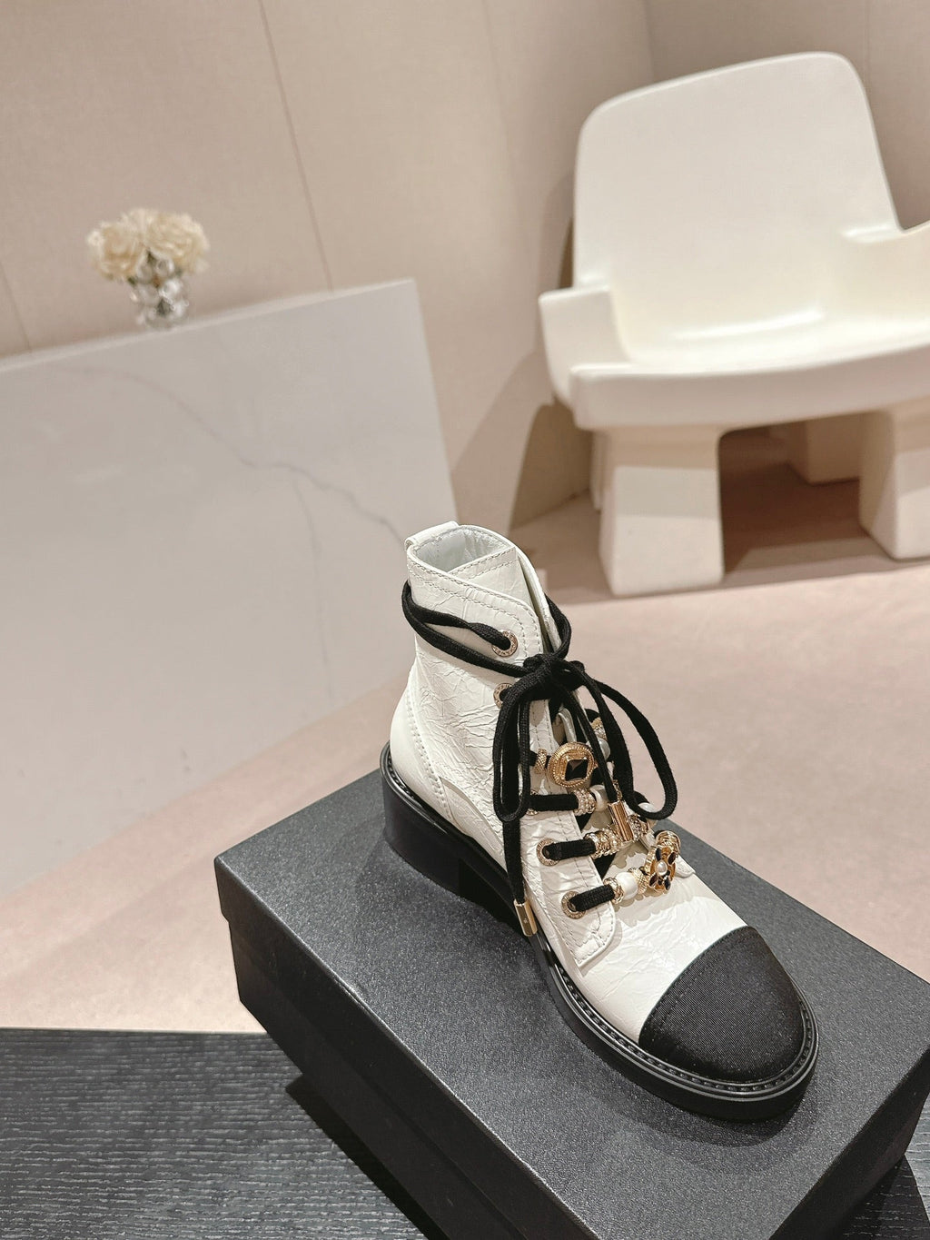 CHANEL OXFORD SHORT BOOTS WHITE MIX BLACK SHEEPSKIN