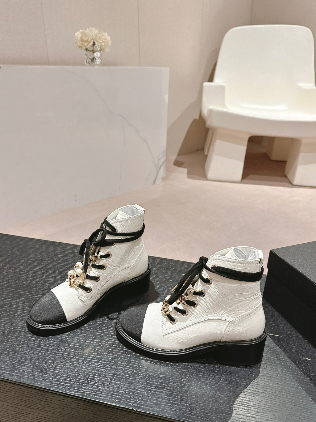CHANEL OXFORD SHORT BOOTS WHITE MIX BLACK SHEEPSKIN