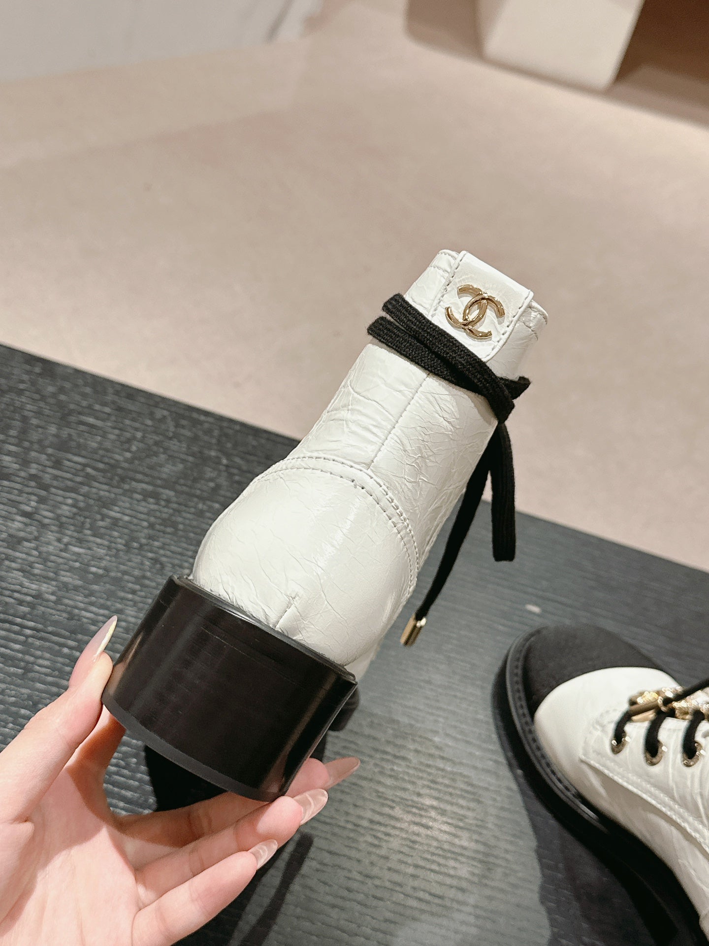 CHANEL OXFORD SHORT BOOTS WHITE MIX BLACK SHEEPSKIN