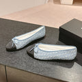CHANEL BALLET FLATS IN LIGHT BLUE DENIM AND BLACK SATIN