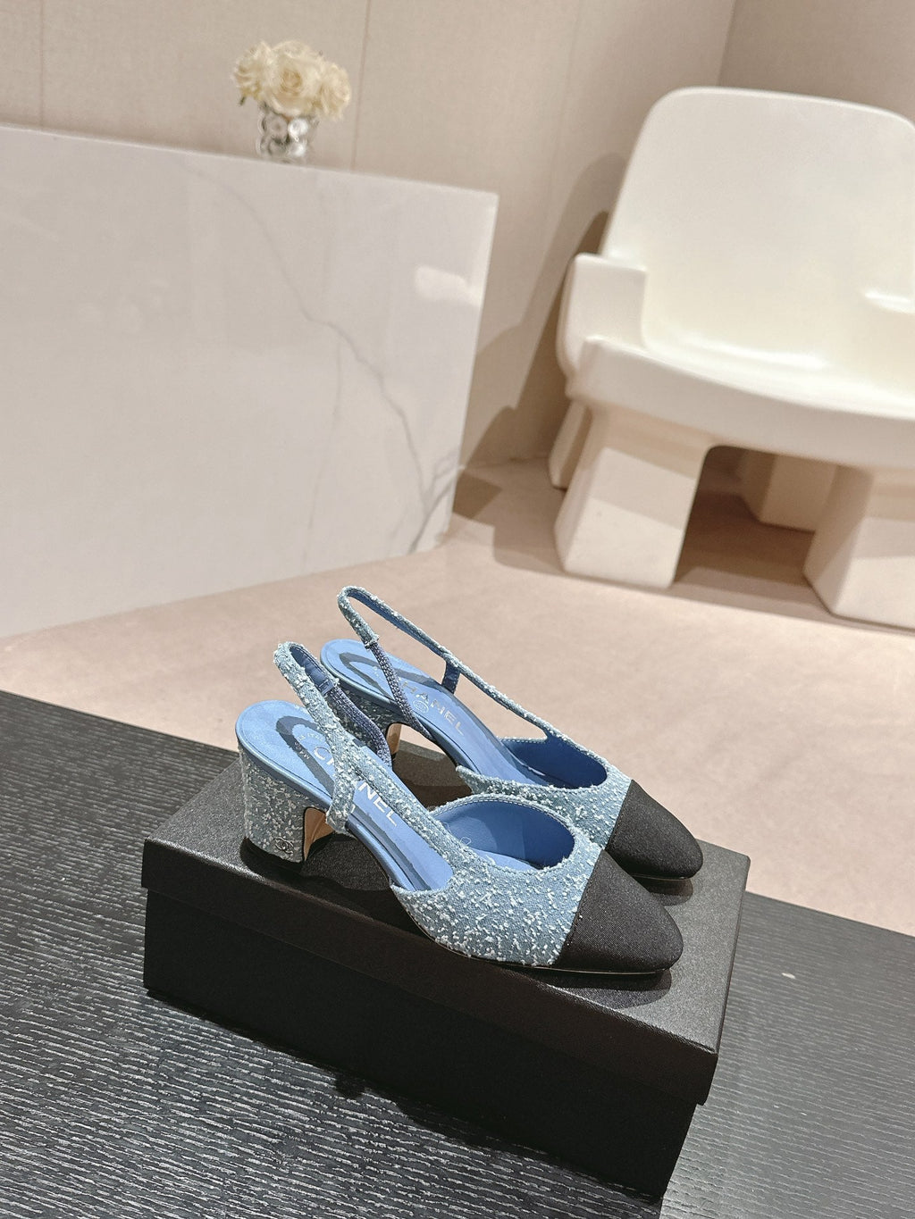 CHANEL HIGH SLINGBACKS IN LIGHT BLUE DENIM AND BLACK SATIN
