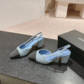 CHANEL HIGH SLINGBACKS IN LIGHT BLUE DENIM AND BLACK SATIN