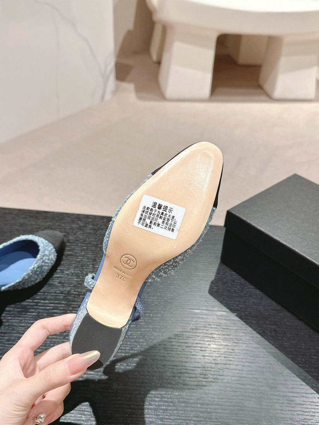 CHANEL HIGH SLINGBACKS IN LIGHT BLUE DENIM AND BLACK SATIN