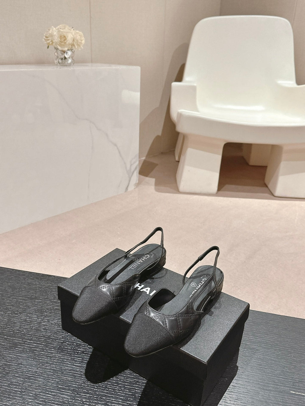 CHANEL SLINGBACKS IN BLACK LAMBSKIN AND SATIN