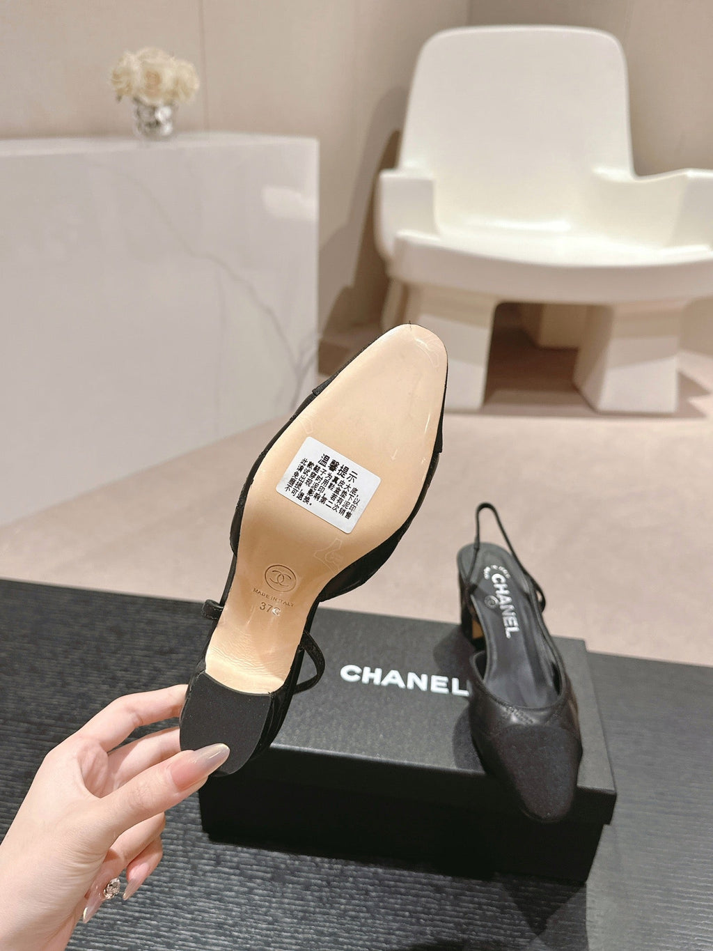 CHANEL HIGH SLINGBACKS IN BLACK LAMBSKIN AND SATIN