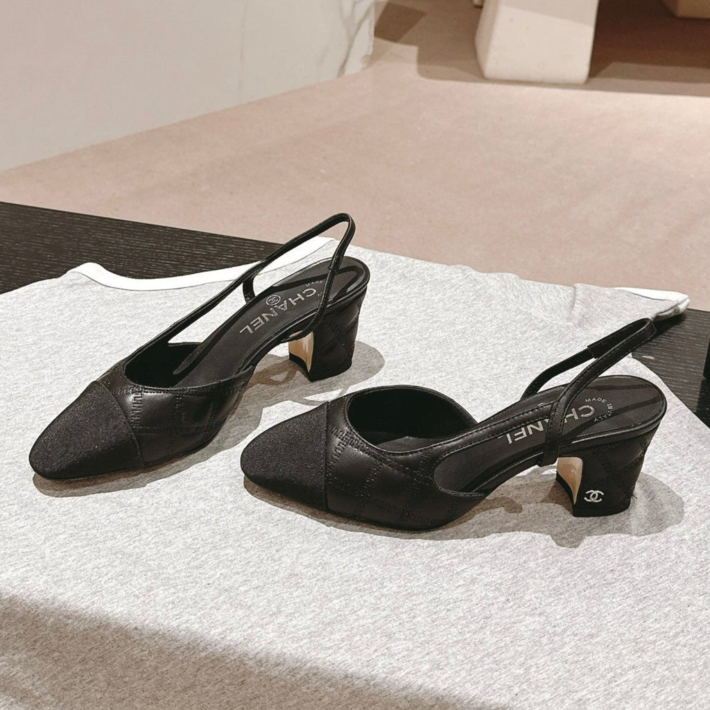 CHANEL HIGH SLINGBACKS IN BLACK LAMBSKIN AND SATIN