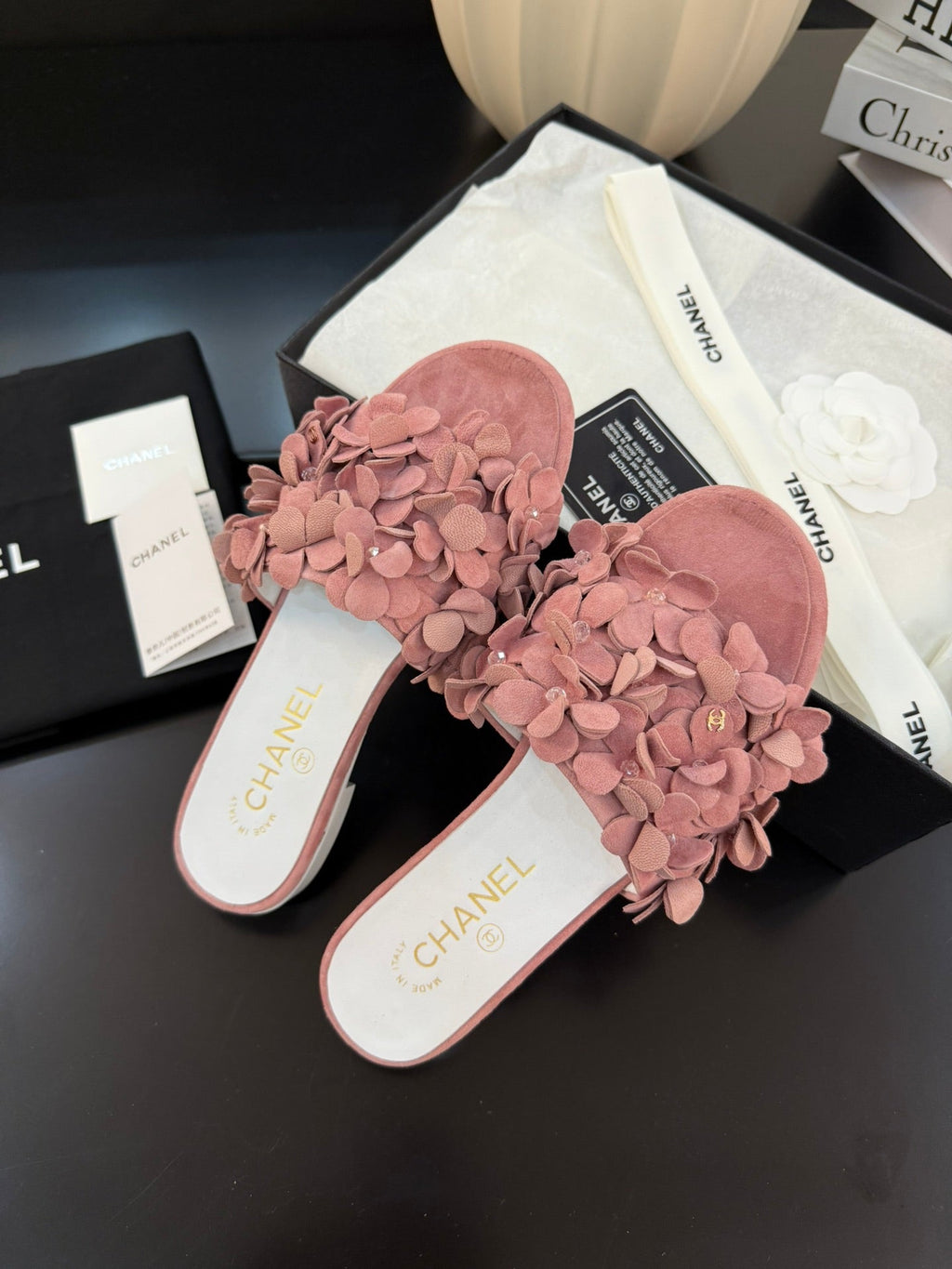 CHANEL FLAT MULE 15 MM IN PEACH PINK SUEDE