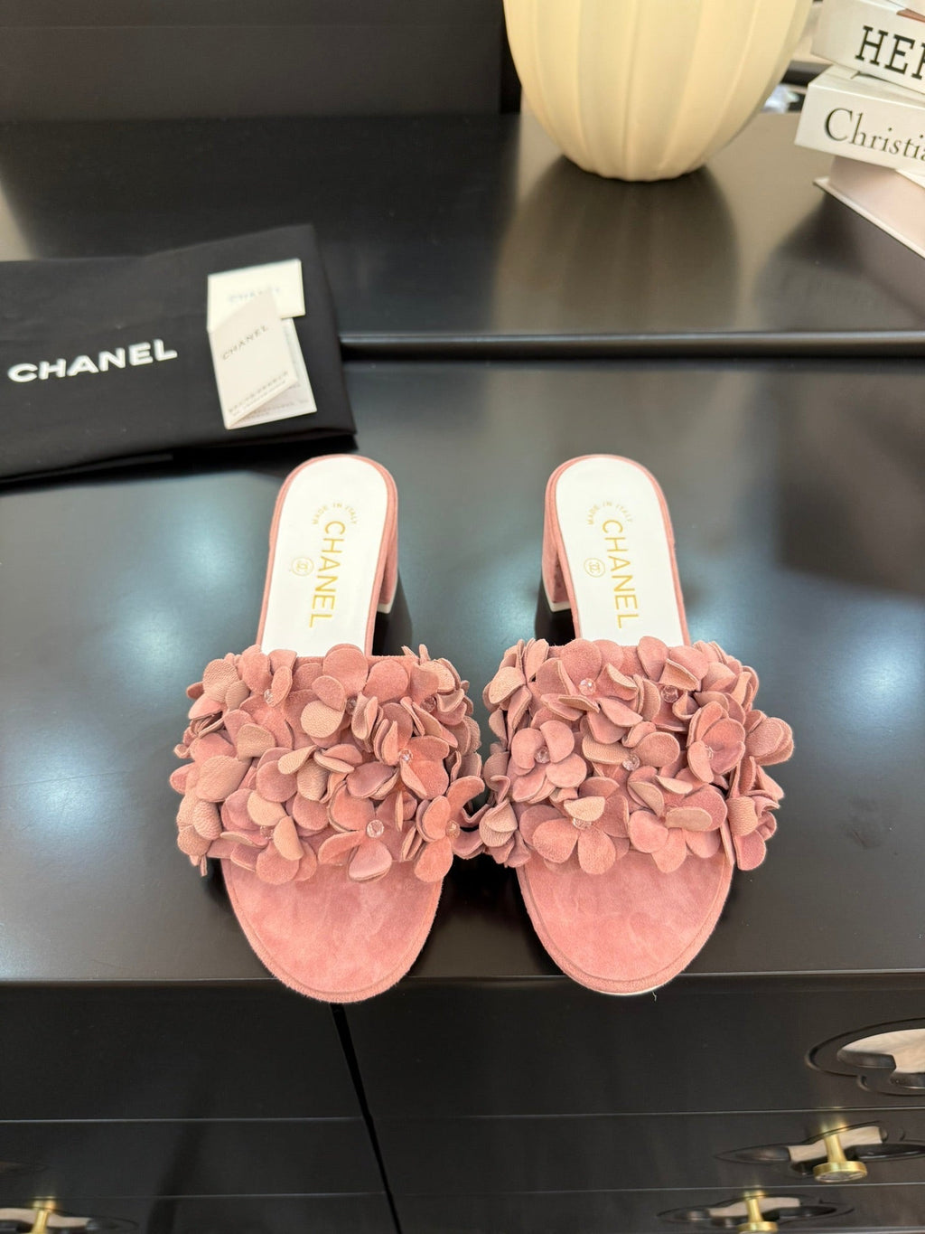 CHANEL MID HEEL 45 MM MULE IN PEACH PINK SUEDE