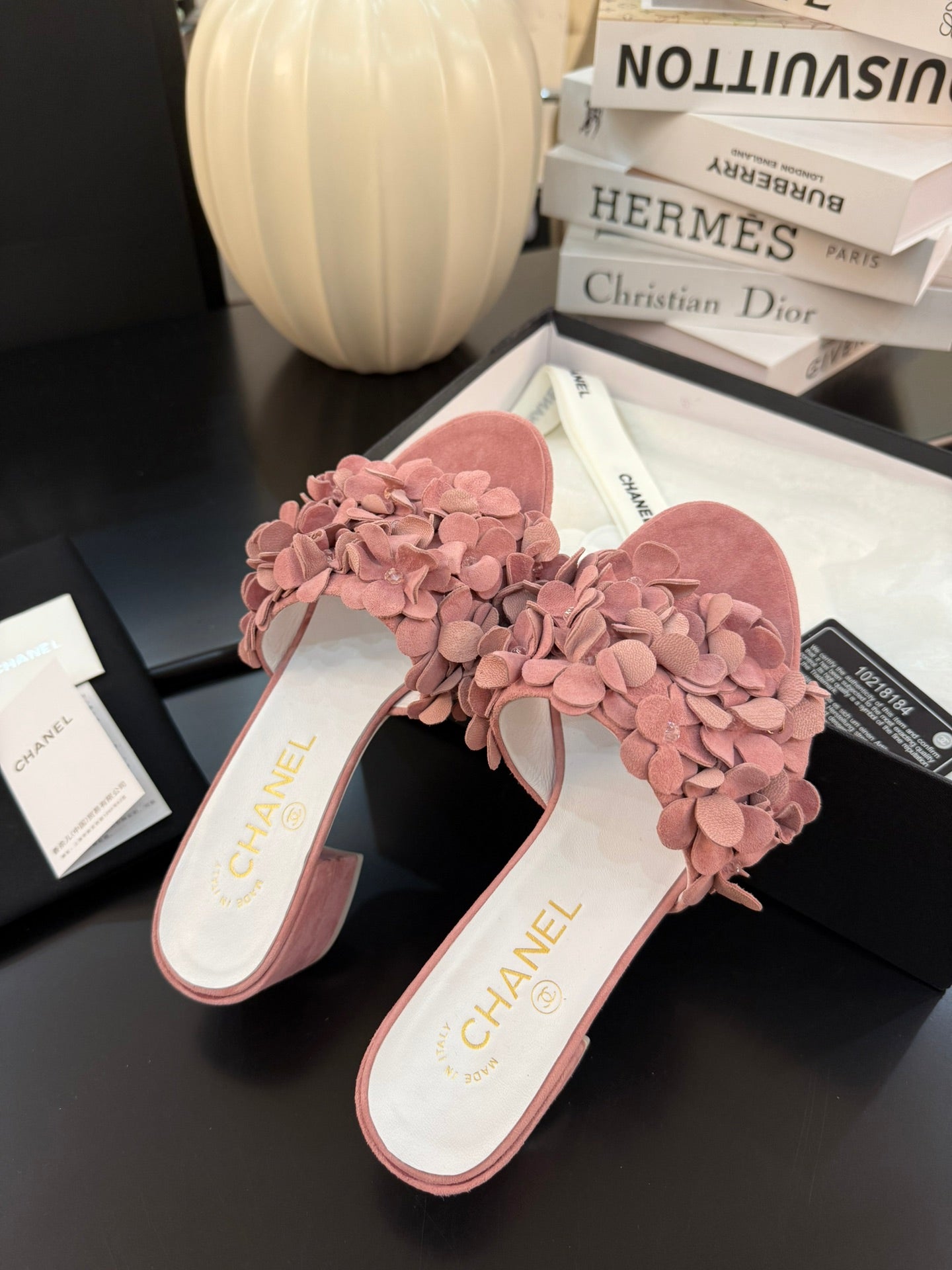 CHANEL MID HEEL 45 MM MULE IN PEACH PINK SUEDE