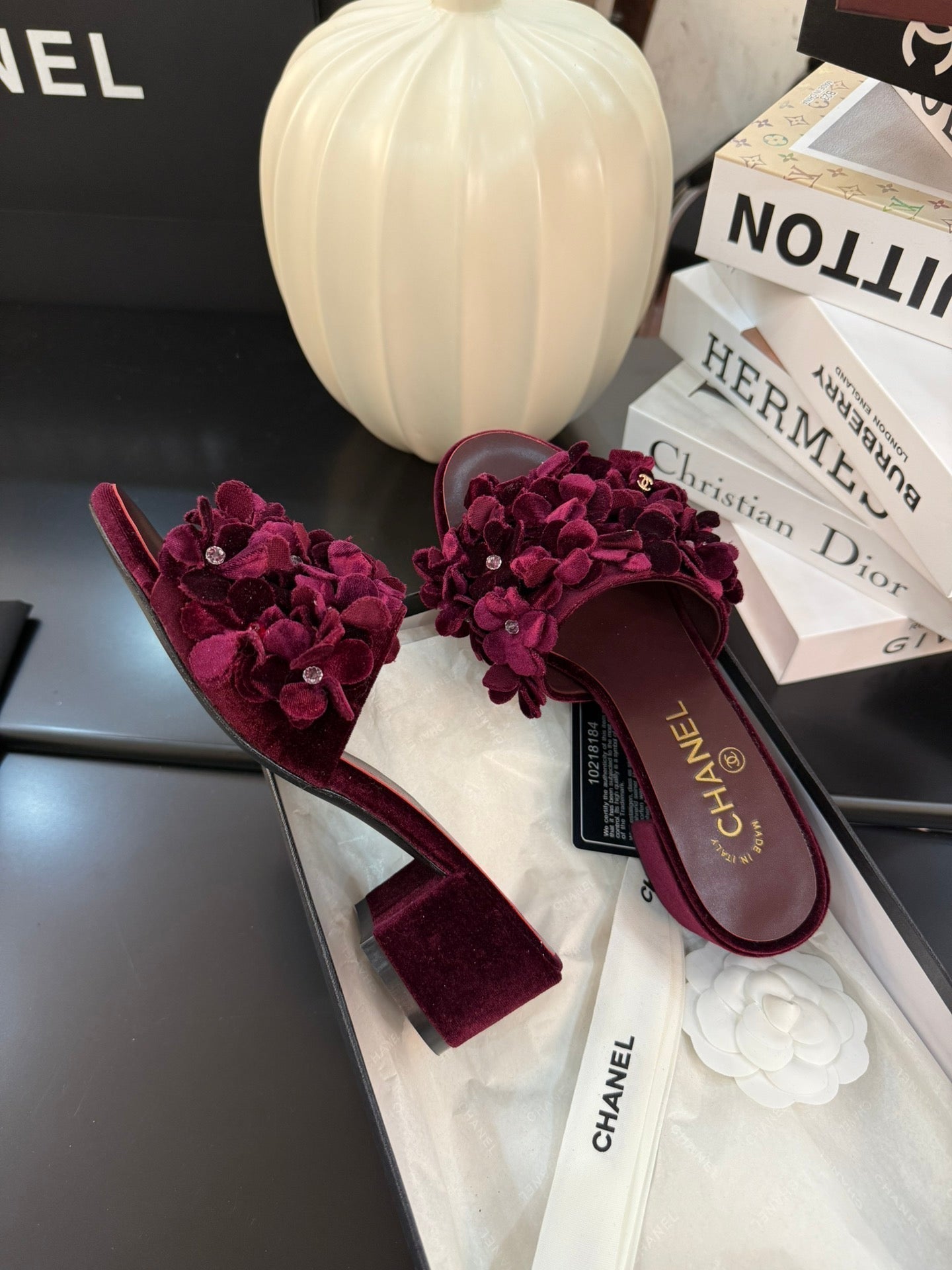 CHANEL MID HEEL 45 MM MULE IN PLUM PURPLE VELVET