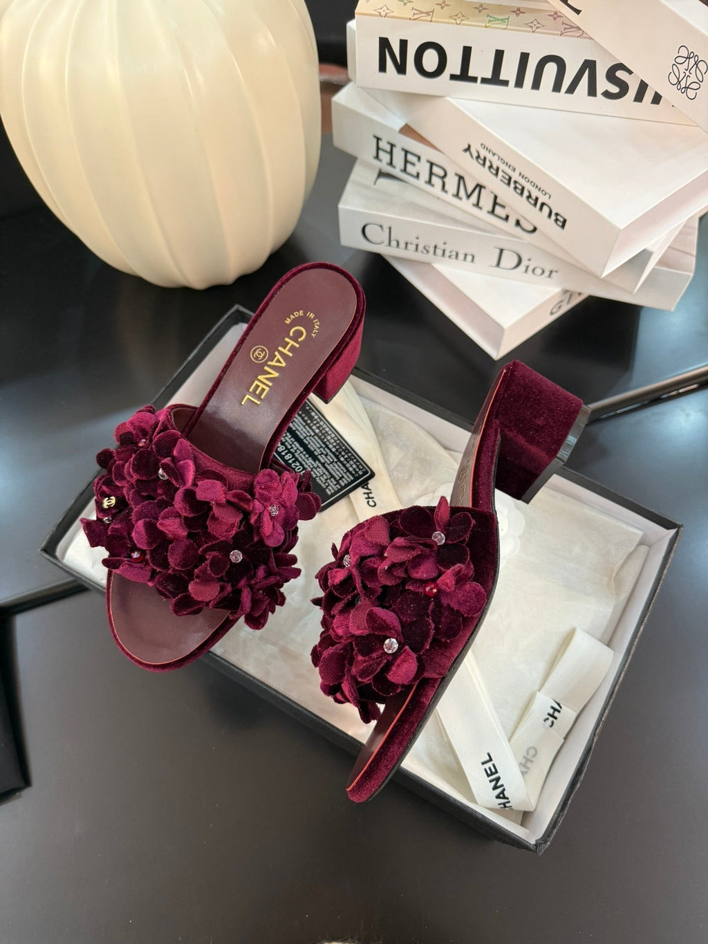 CHANEL MID HEEL 45 MM MULE IN PLUM PURPLE VELVET