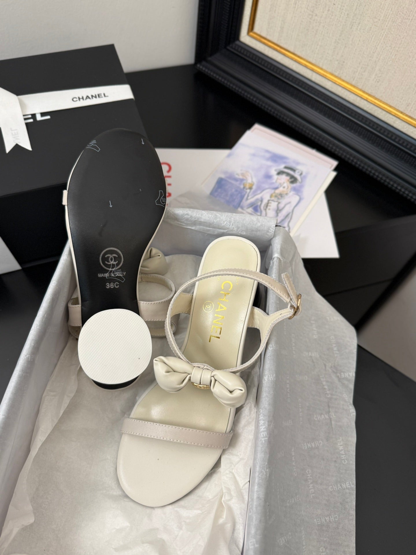 CHANEL MID HEEL SANDALS IN WHITE CALFSKIN WITH BOW