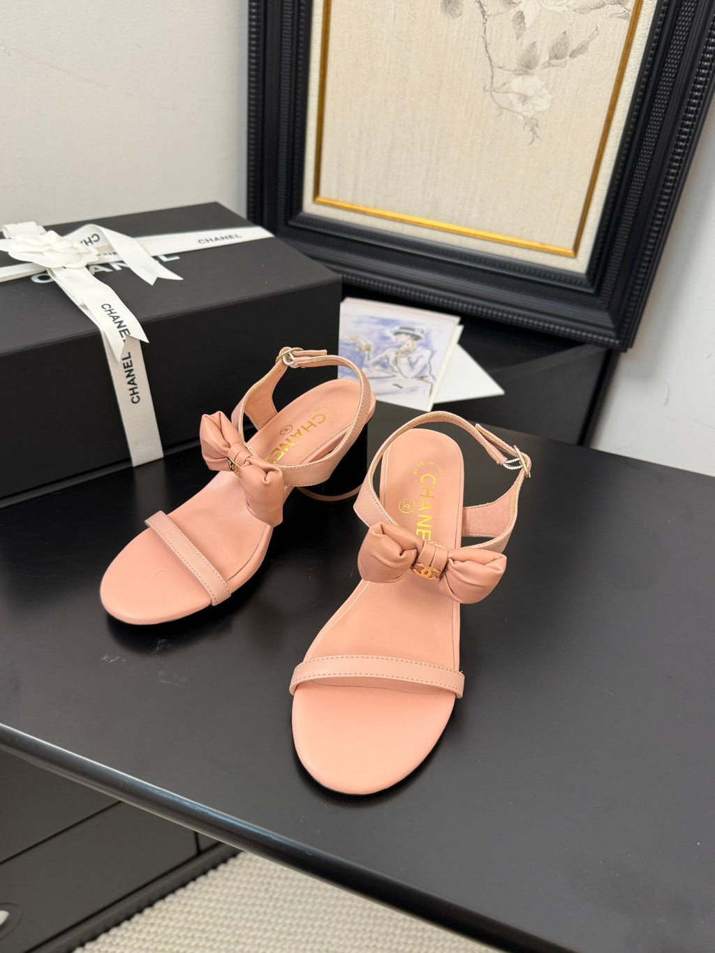 CHANEL MID HEEL SANDALS IN PEACHY PINK CALFSKIN WITH BOW