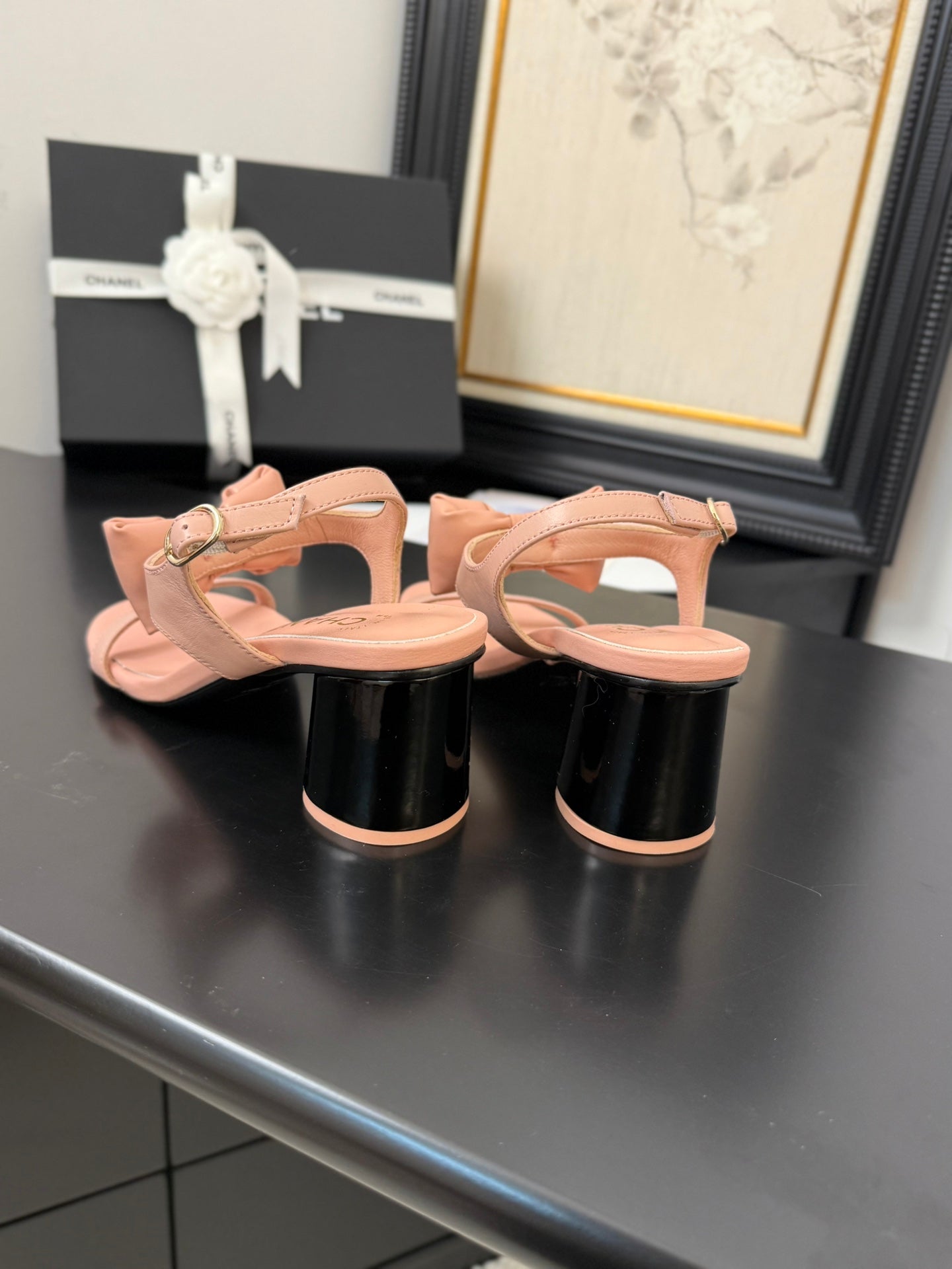 CHANEL MID HEEL 45 MM SANDALS IN PEACH PINK CALFSKIN