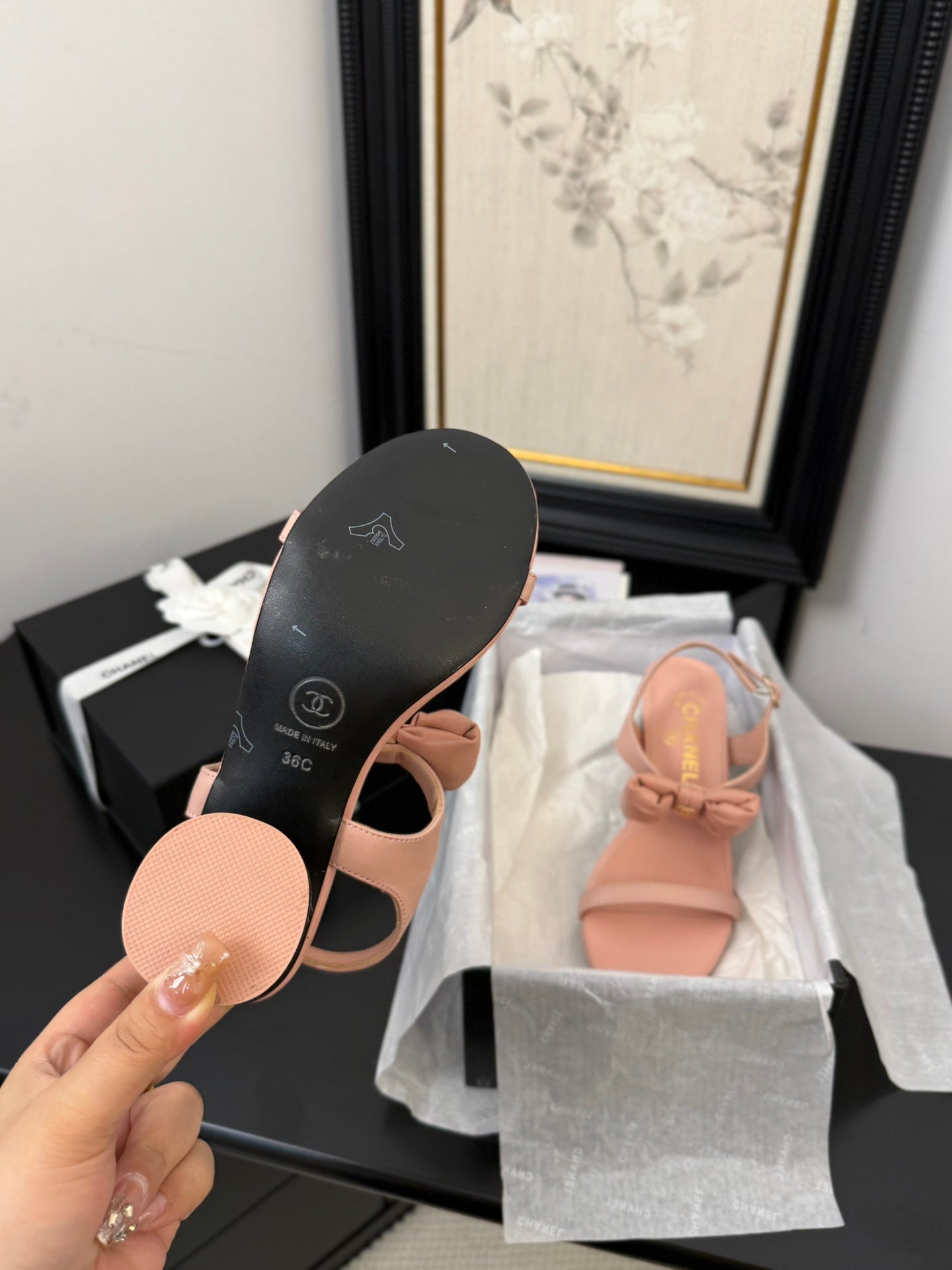 CHANEL MID HEEL 45 MM SANDALS IN PEACH PINK CALFSKIN