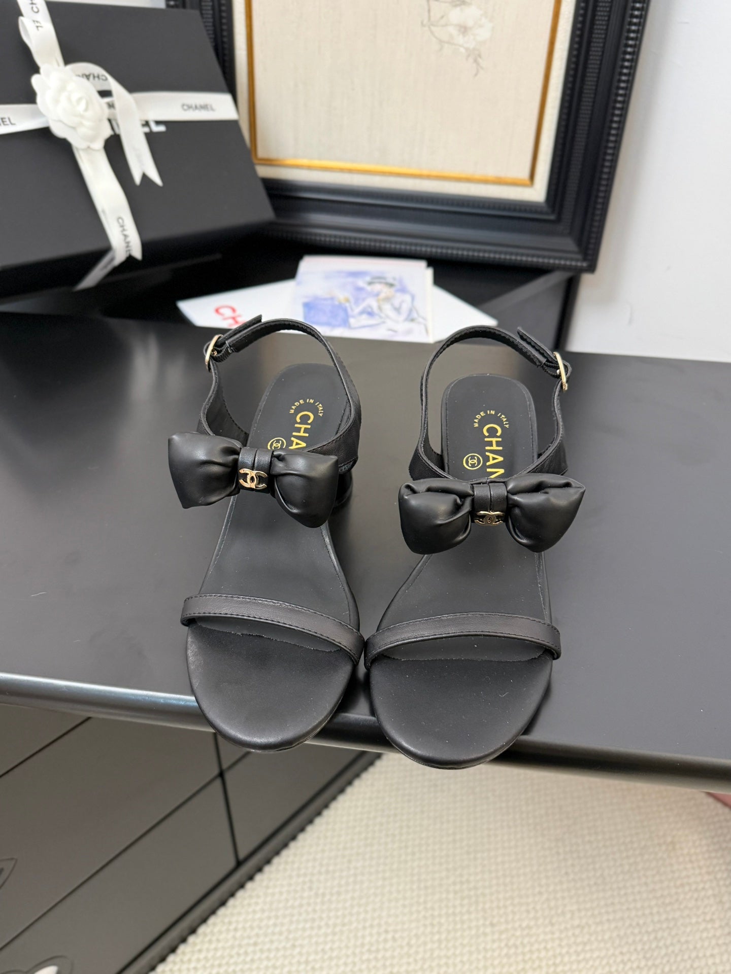 CHANEL MID HEEL 45 MM SANDALS IN BLACK CALFSKIN