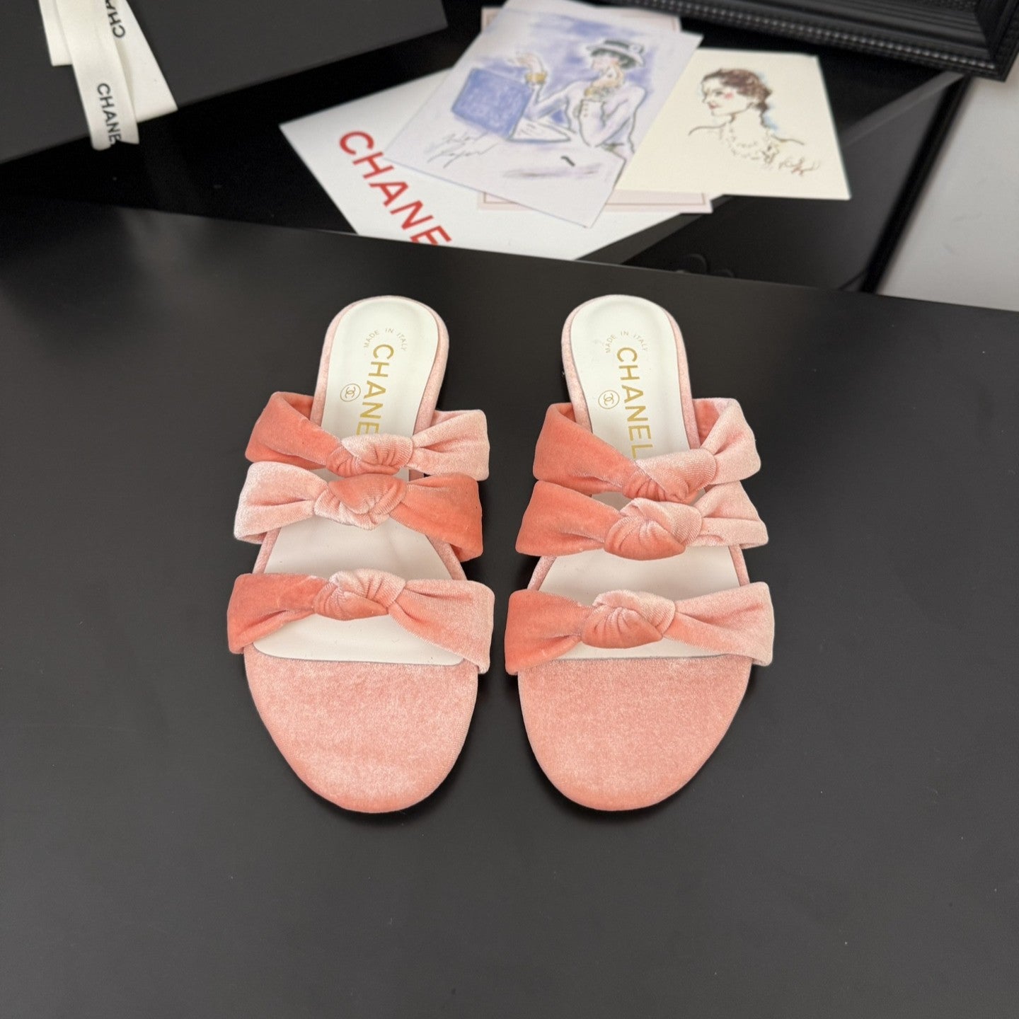 CHANEL 25C Three Strap Mule Pink Velvet fabric 233561