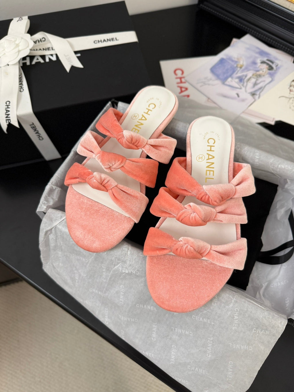 CHANEL 25C Three Strap Mule Pink Velvet fabric 233561