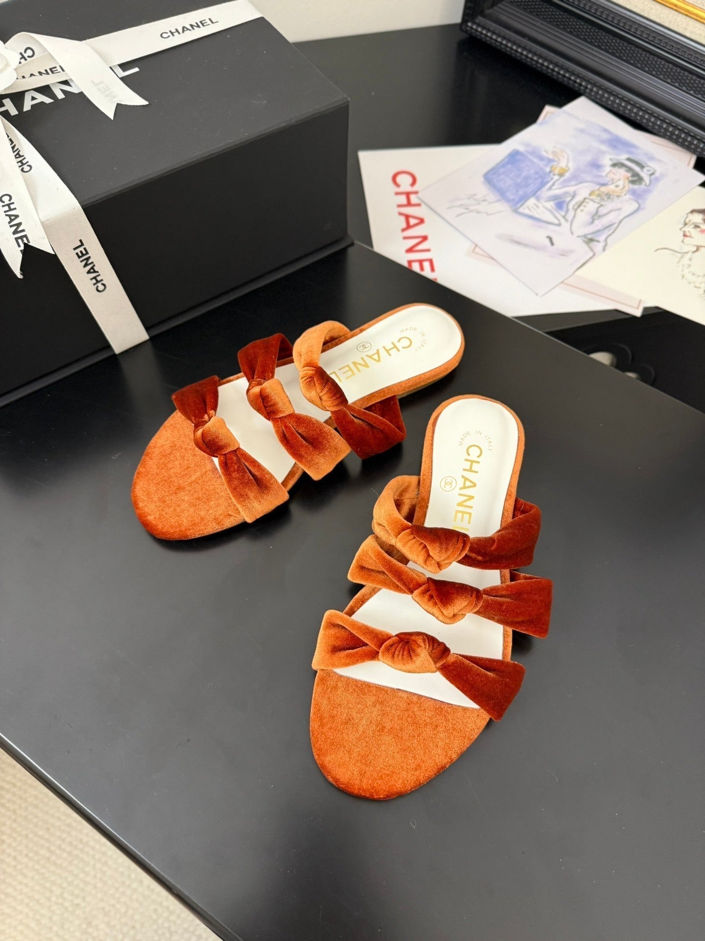 CHANEL 25C Three Strap Mule Pumpkin Velvet fabric 233560