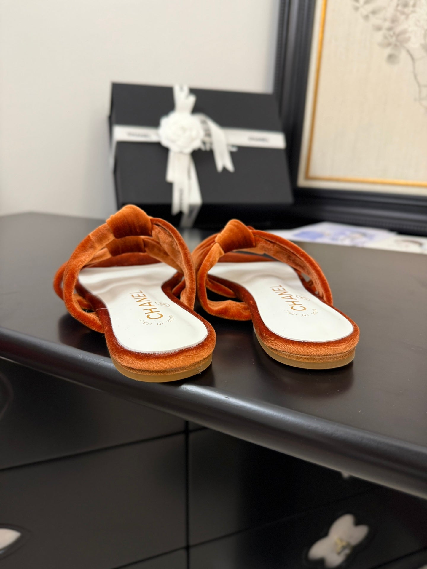 CHANEL 25C Three Strap Mule Pumpkin Velvet fabric 233560
