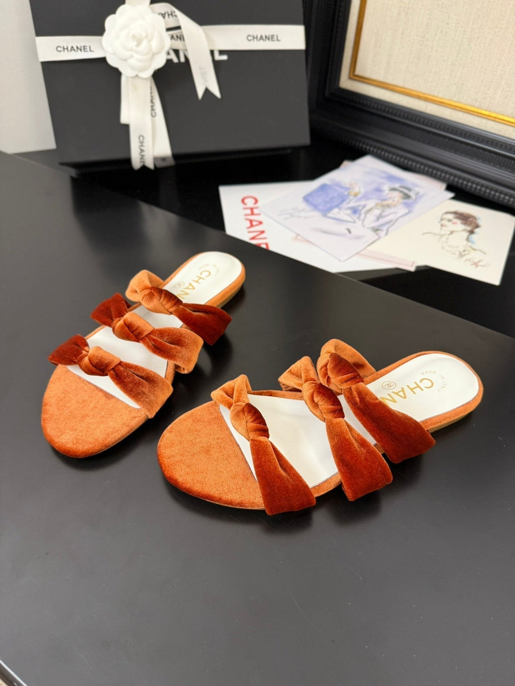 CHANEL 25C Three Strap Mule Pumpkin Velvet fabric 233560