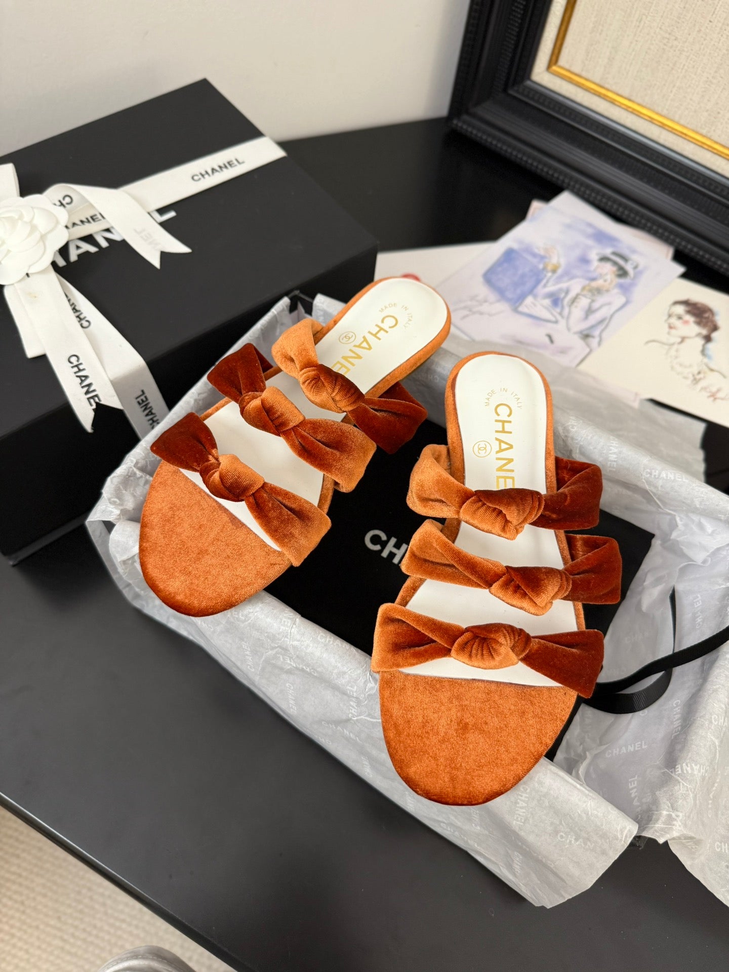 CHANEL 25C Three Strap Mule Pumpkin Velvet fabric 233560