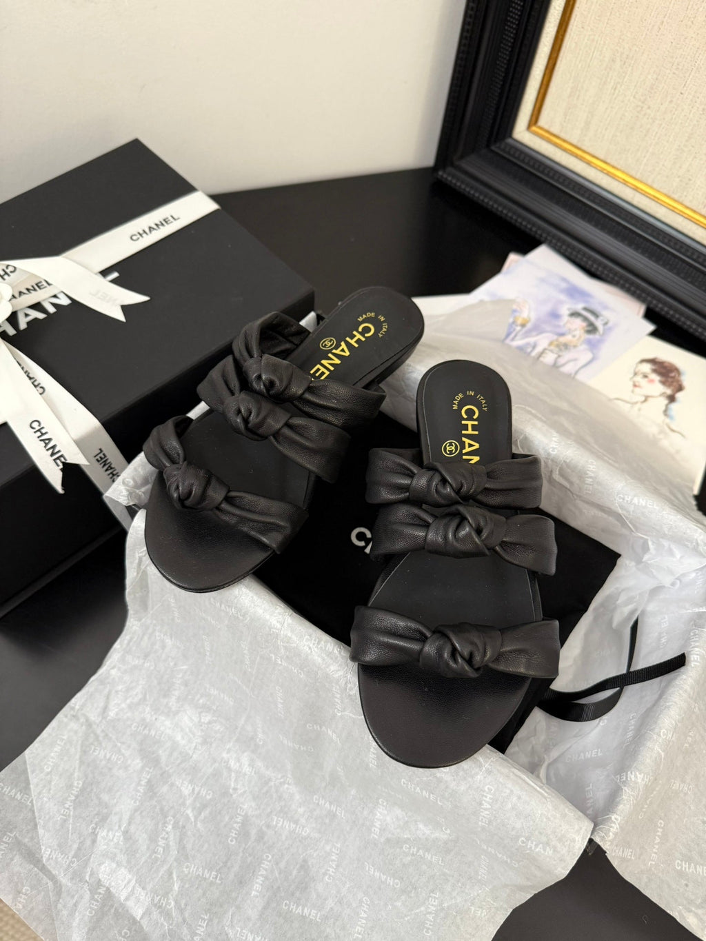 CHANEL 25C Three Strap Mule Black Lambskin 233557