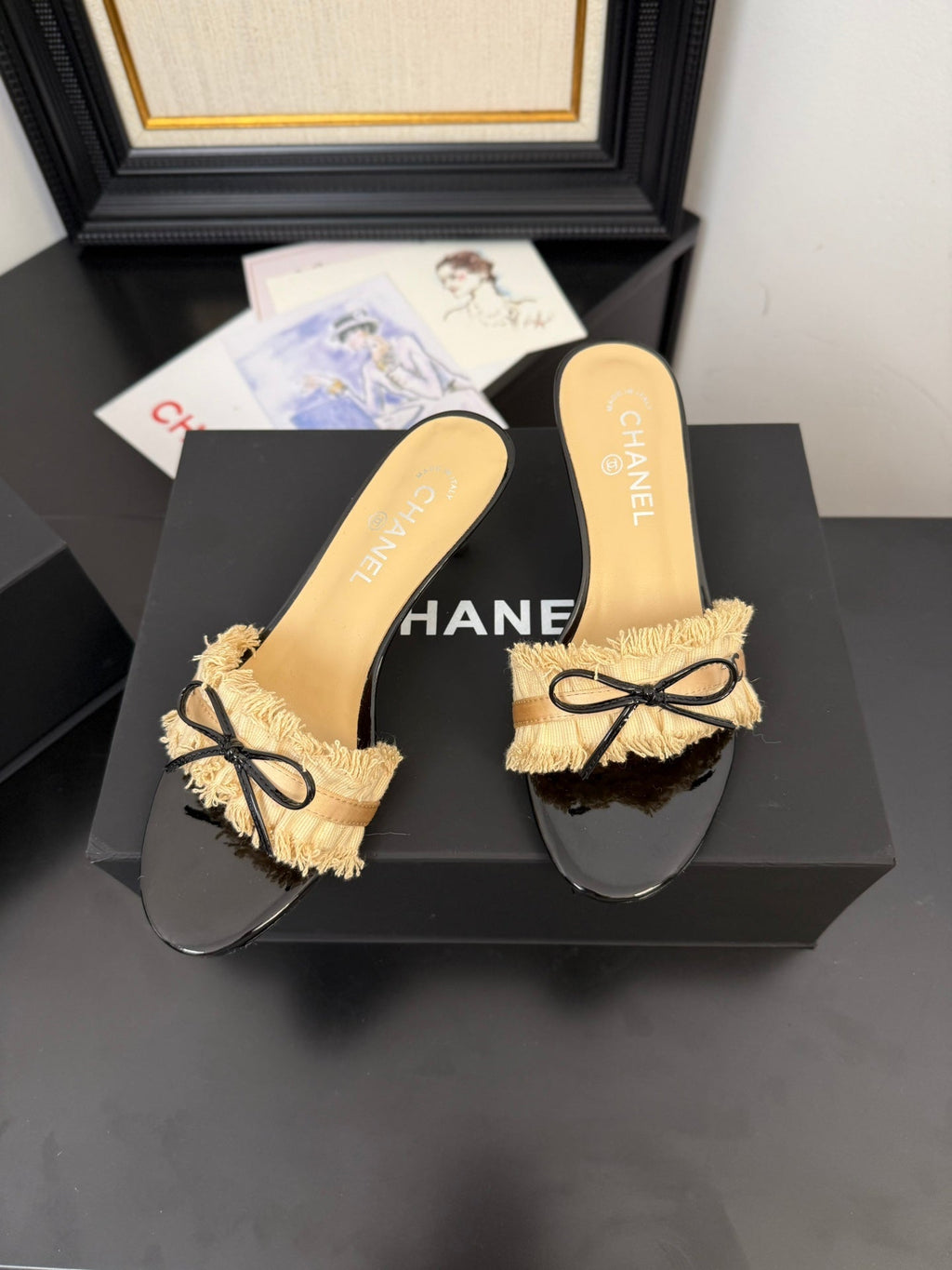 CHANEL SAND YELLOW GROSGRAIN CANVAS BOW MULE SANDALS 65 MM
