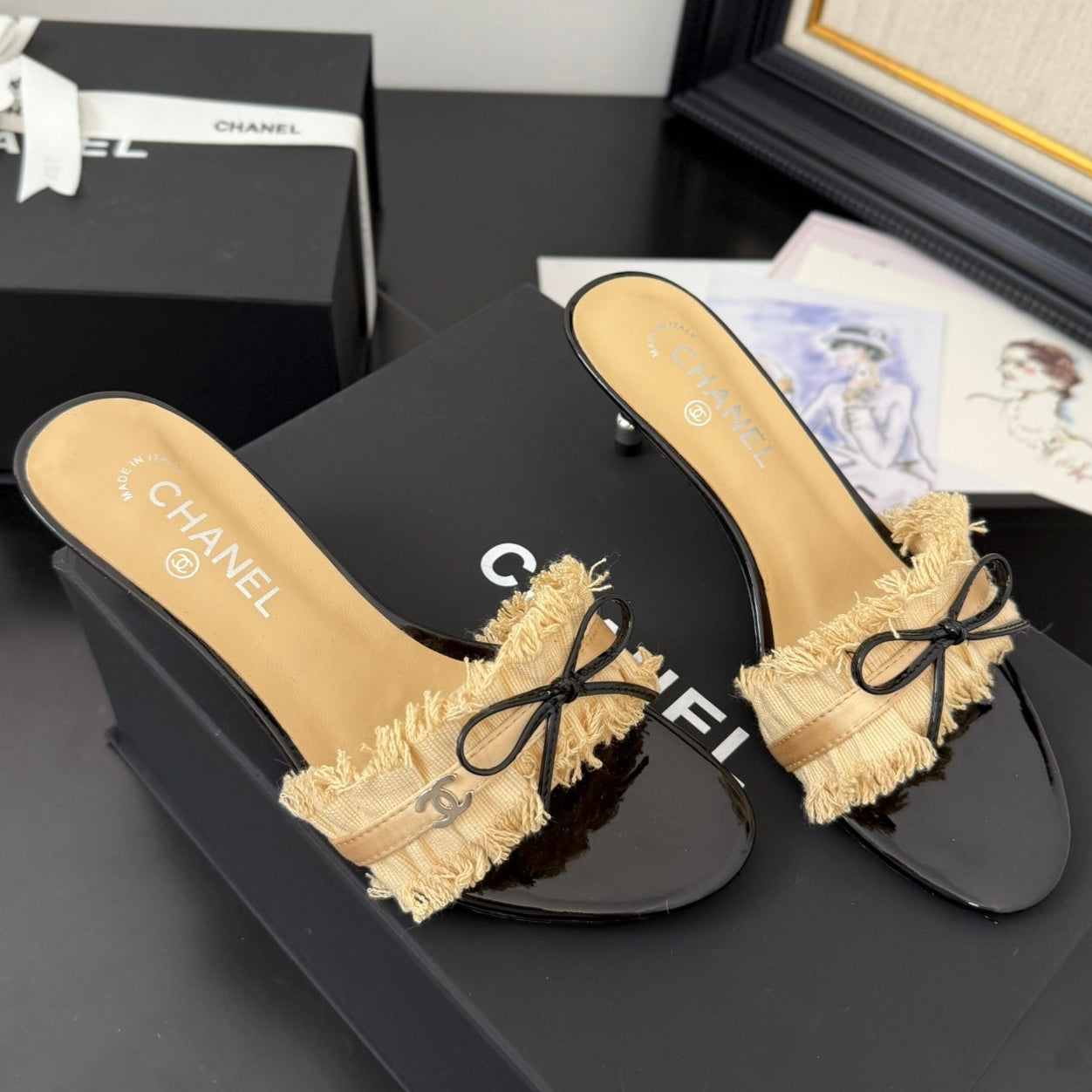 CHANEL SAND YELLOW GROSGRAIN CANVAS BOW MULE SANDALS 65 MM