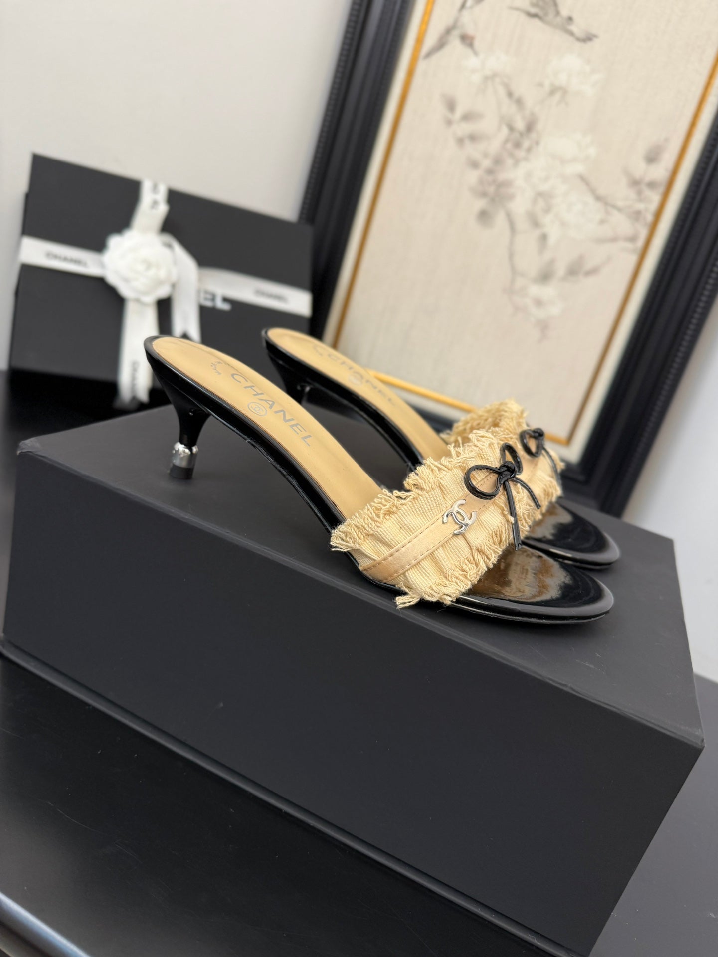 CHANEL SAND YELLOW GROSGRAIN CANVAS BOW MULE SANDALS 65 MM