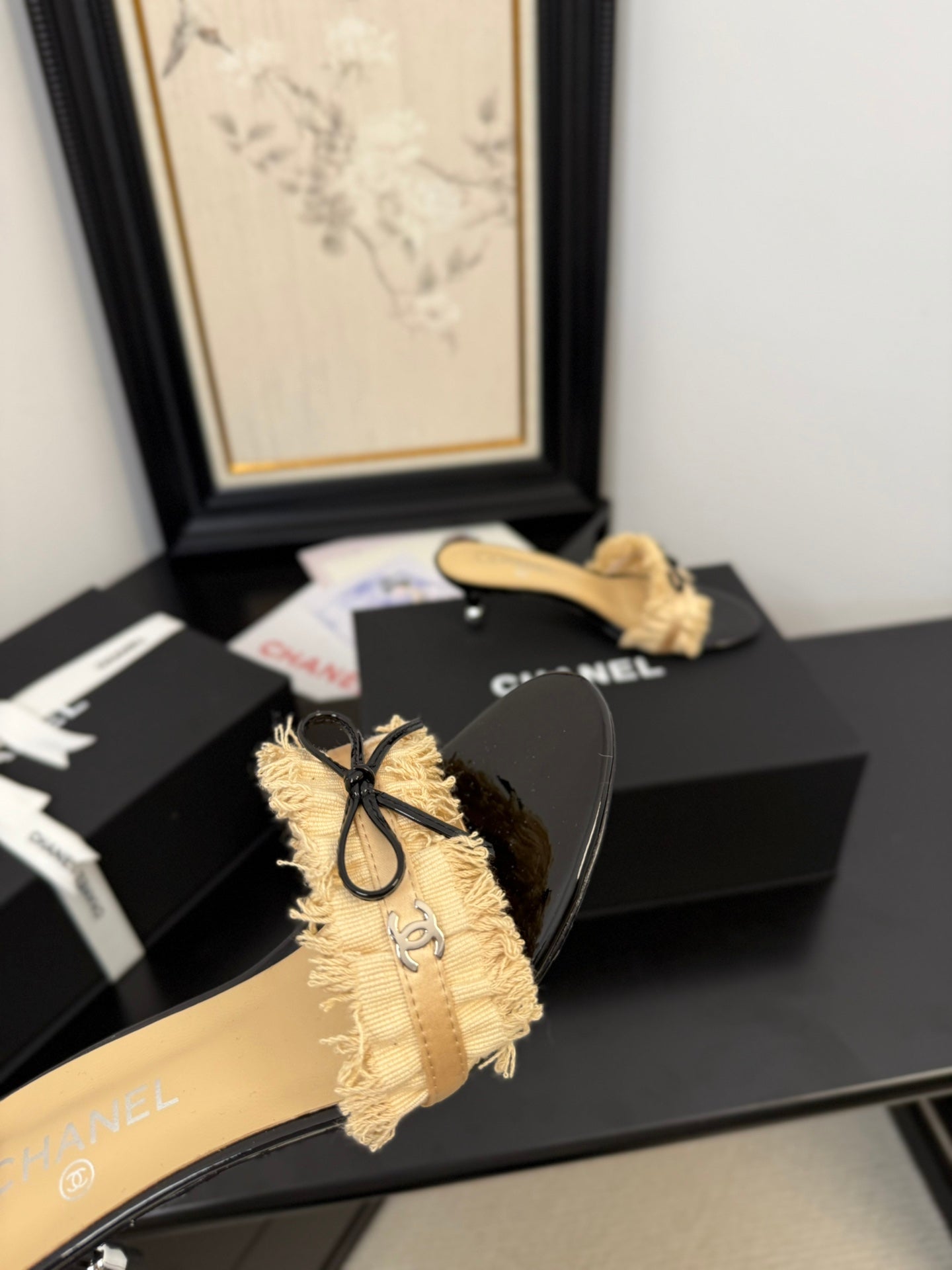 CHANEL SAND YELLOW GROSGRAIN CANVAS BOW MULE SANDALS 65 MM