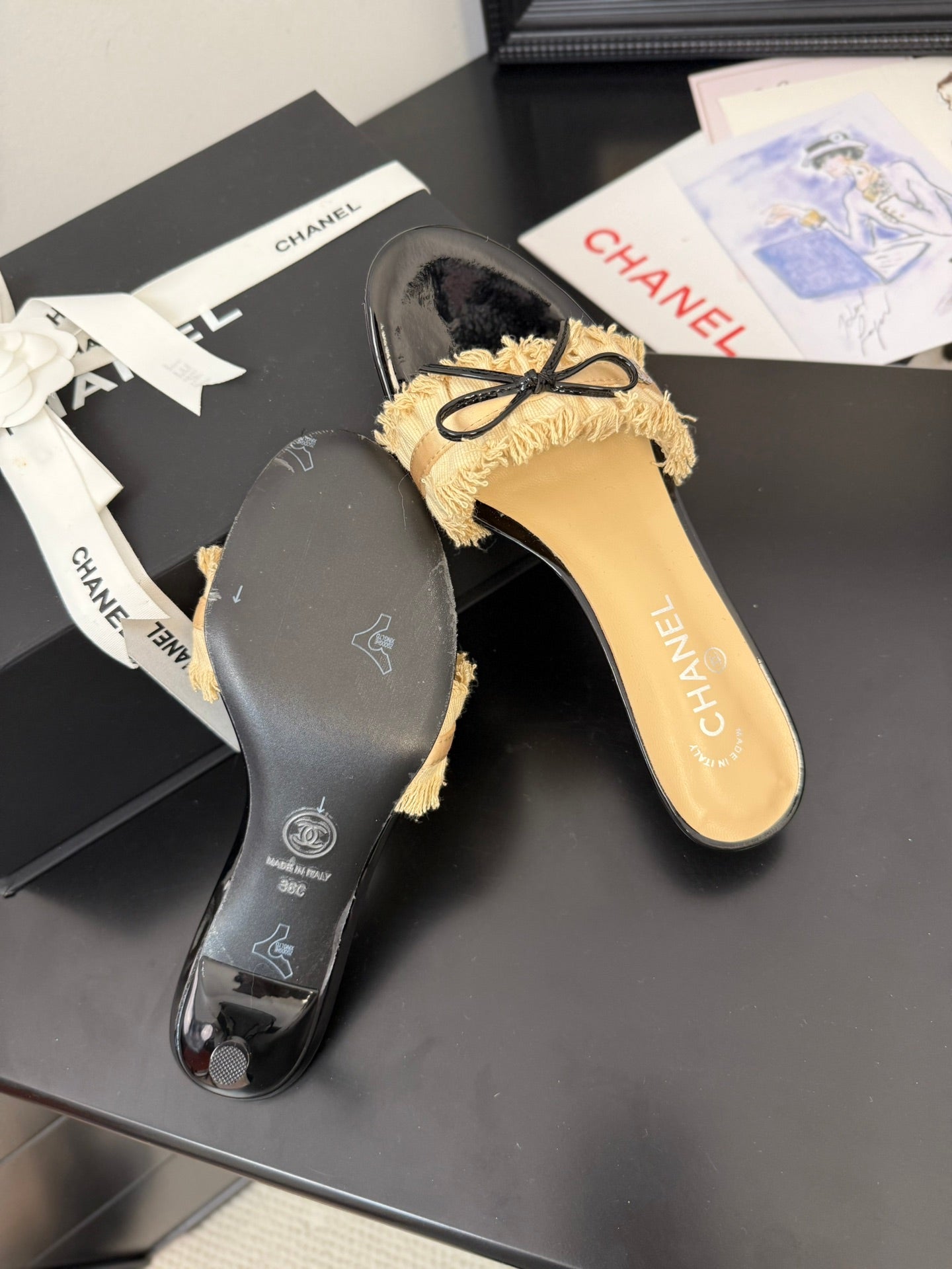 CHANEL SAND YELLOW GROSGRAIN CANVAS BOW MULE SANDALS 65 MM