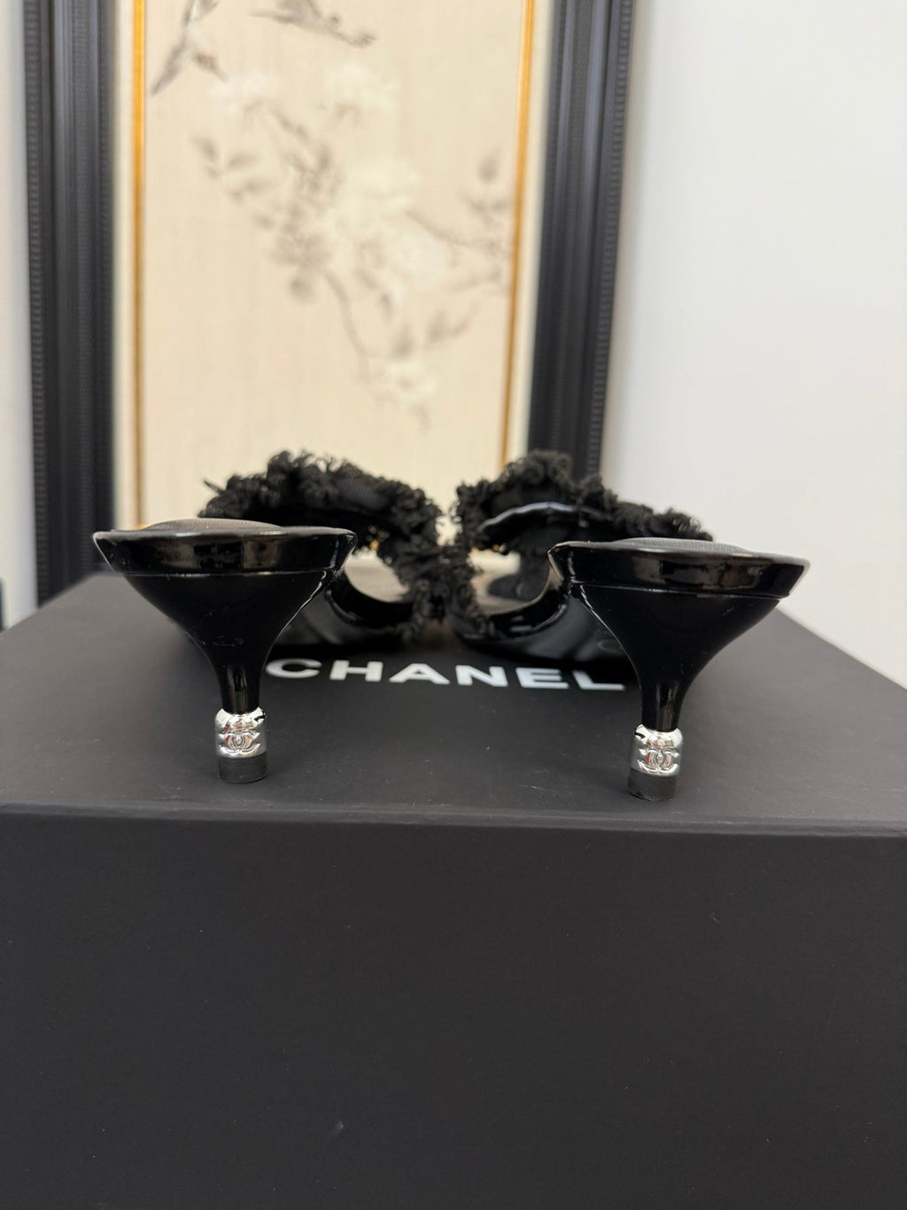 CHANEL BLACK GROSGRAIN CANVAS BOW MULE SANDALS 65 MM
