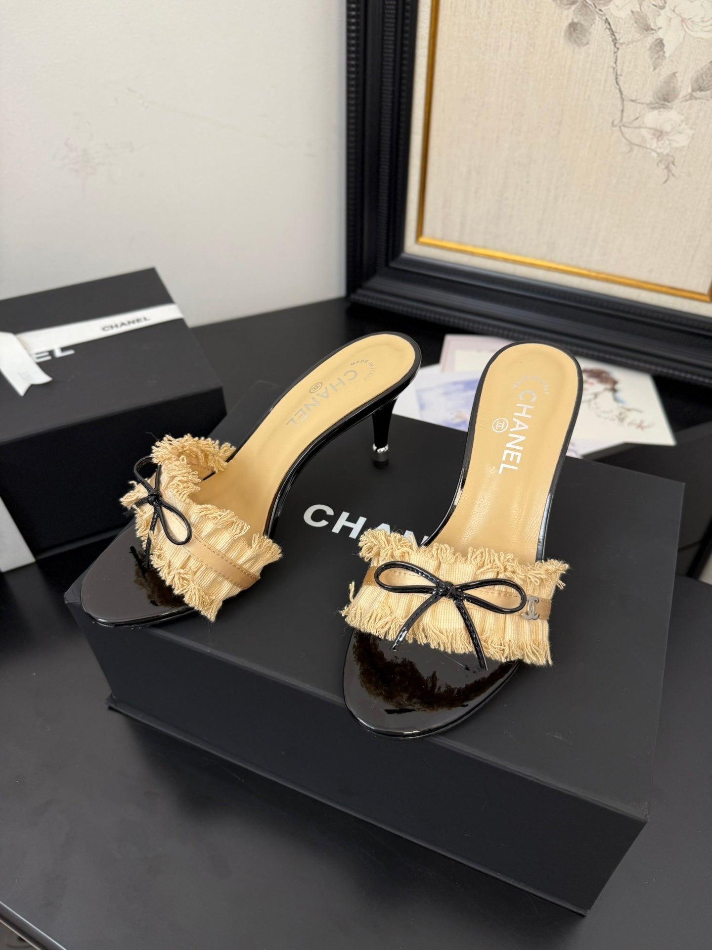 CHANEL SAND YELLOW GROSGRAIN CANVAS BOW MULE SANDALS 90 MM