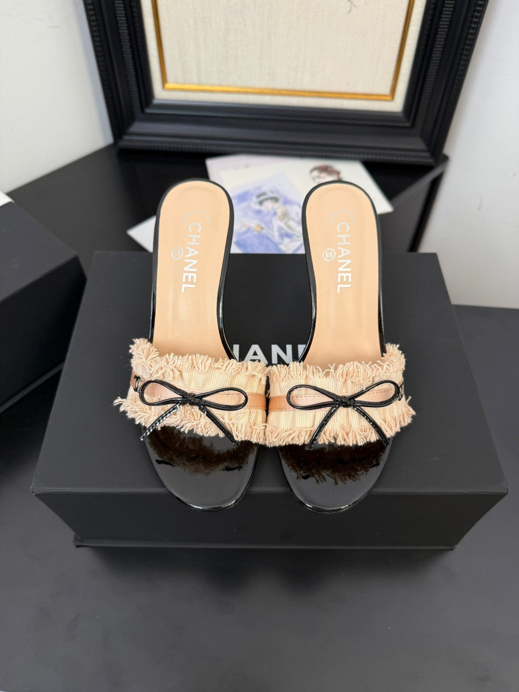 CHANEL PEACH PINK GROSGRAIN CANVAS BOW MULE SANDALS 90 MM