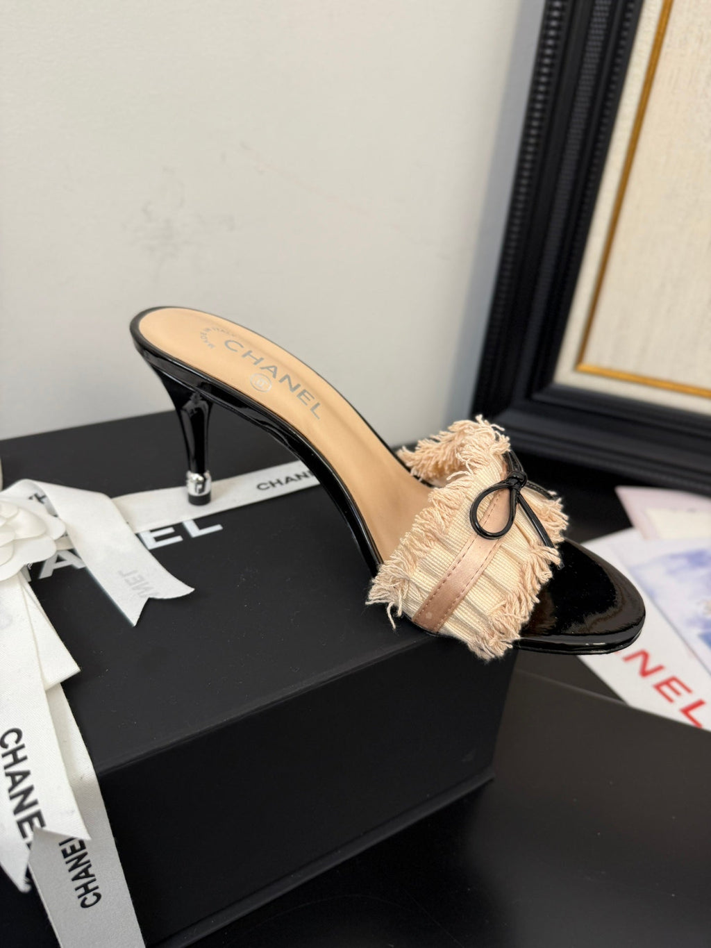 CHANEL PEACH PINK GROSGRAIN CANVAS BOW MULE SANDALS 90 MM