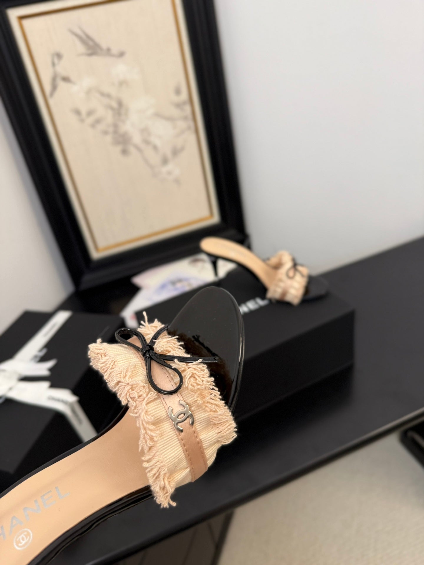 CHANEL PEACH PINK GROSGRAIN CANVAS BOW MULE SANDALS 90 MM