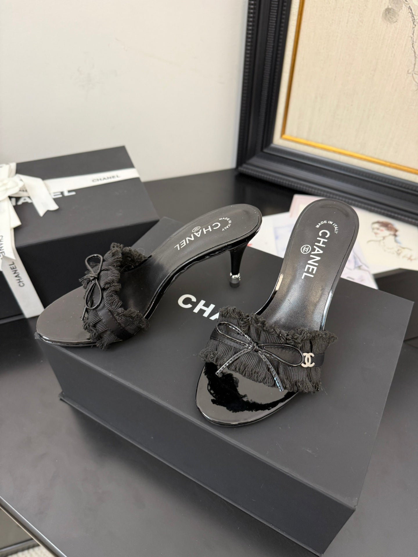 CHANEL BLACK GROSGRAIN CANVAS BOW MULE SANDALS 90 MM