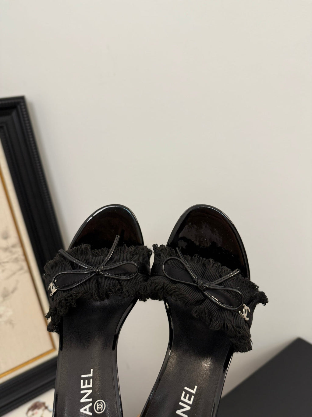 CHANEL BLACK GROSGRAIN CANVAS BOW MULE SANDALS 90 MM