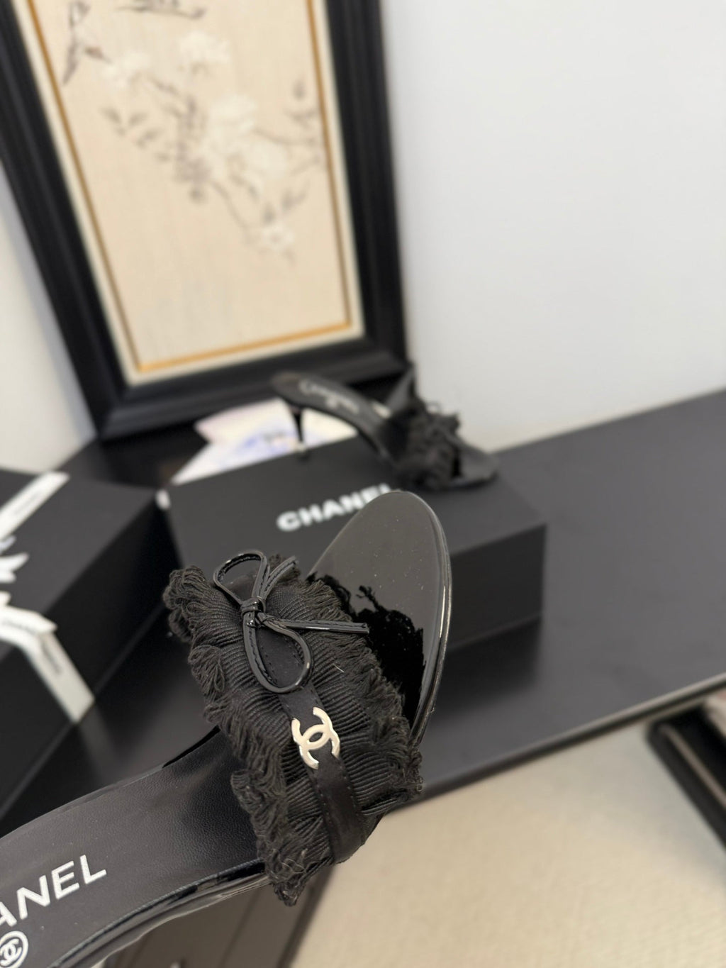 CHANEL BLACK GROSGRAIN CANVAS BOW MULE SANDALS 90 MM