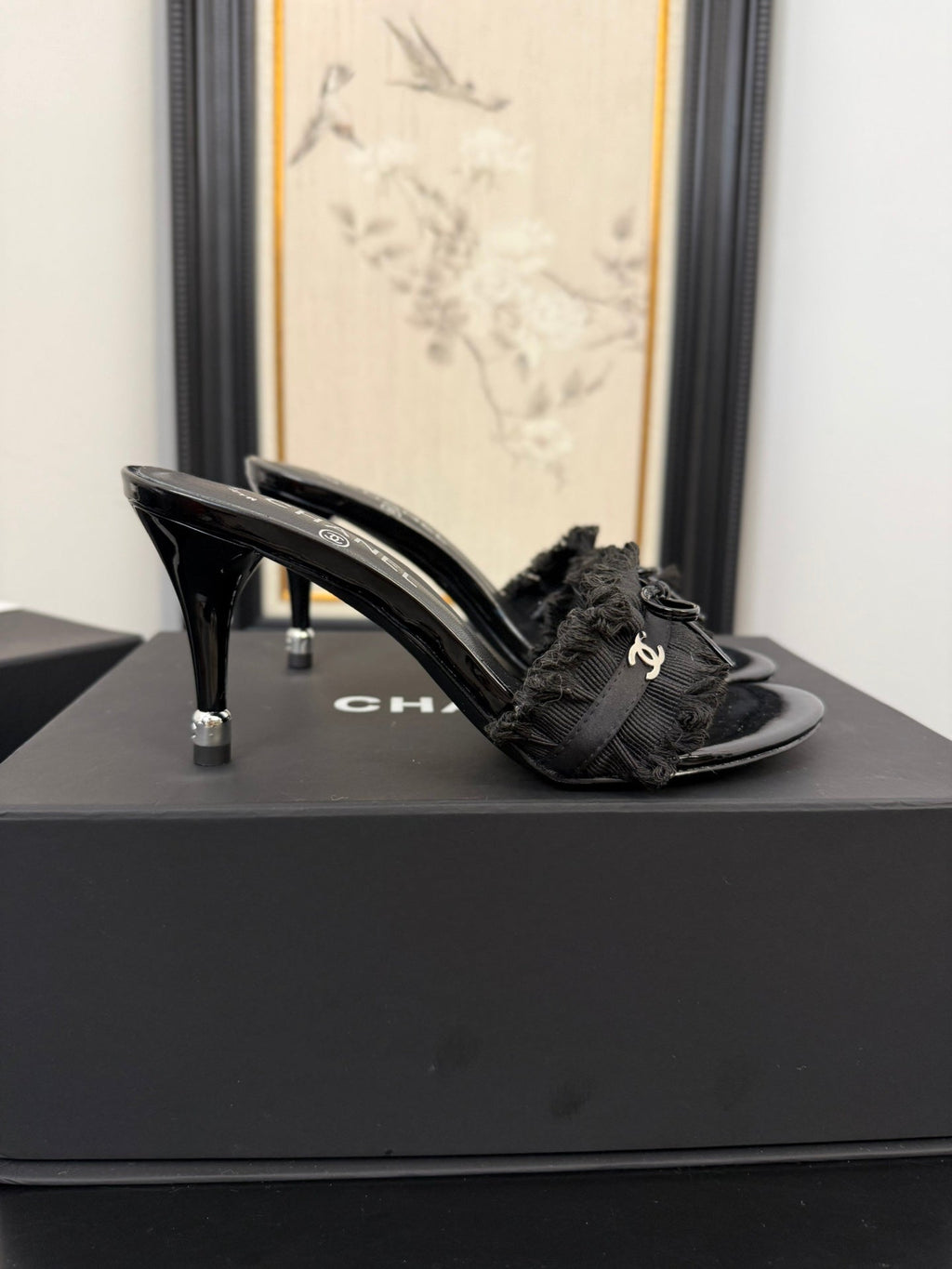 CHANEL BLACK GROSGRAIN CANVAS BOW MULE SANDALS 90 MM